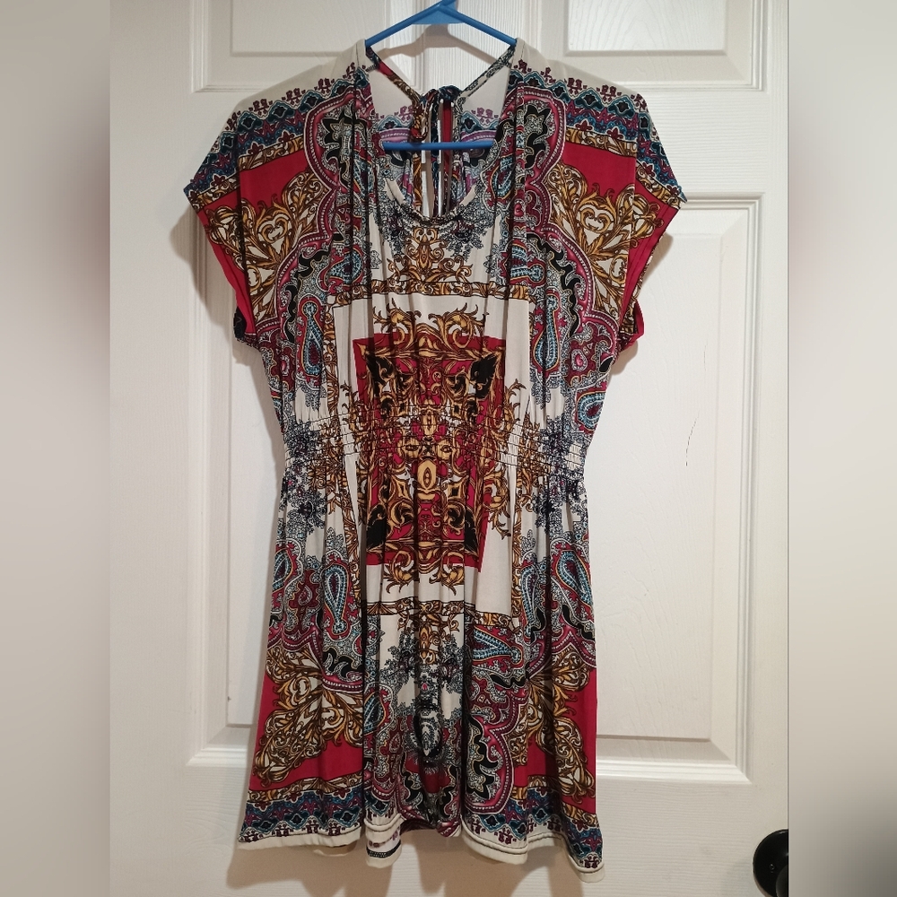 Women's WinWin Multicolor Paisley Stretchy Blouse Keyhole Tie Back Size L/XL